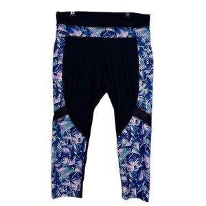 Bally Cropped Leggings Navy Abstract Print Mesh Panels on Legs Size XL